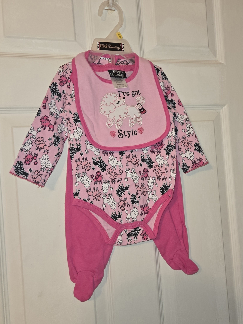 Darlings Pink Poodle Footed One-Piece with Matching Bib, Onesie, & Pants SZ 6-9M